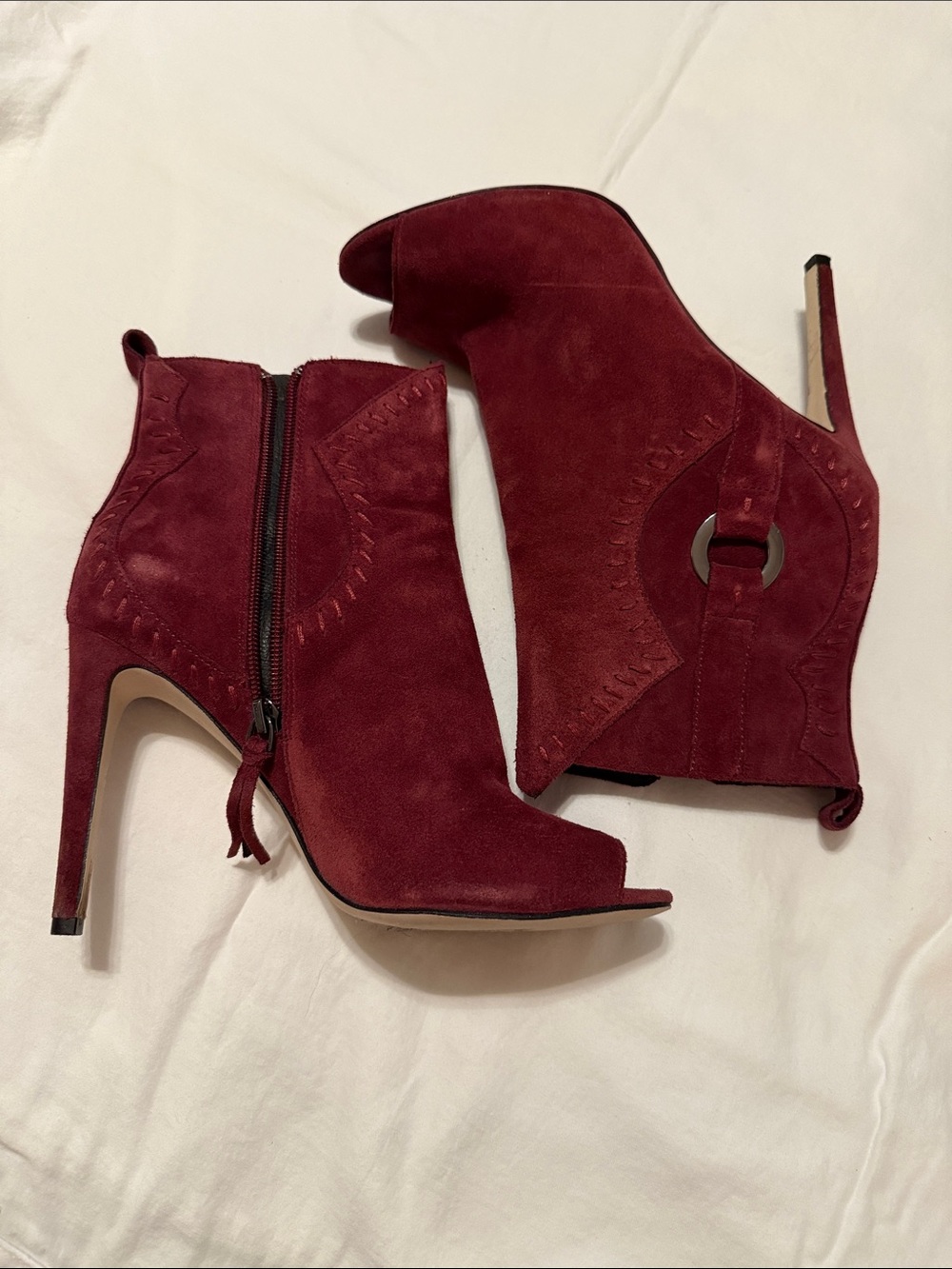 Rebecca Minkoff Burgundy Suede Peep-Toe Ankle Booties
